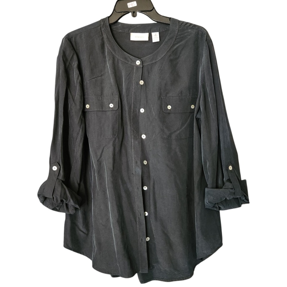 Chico's Black Button Down Shirt Womens 2 Large Modal Blend Long Sleeve Roll Tab